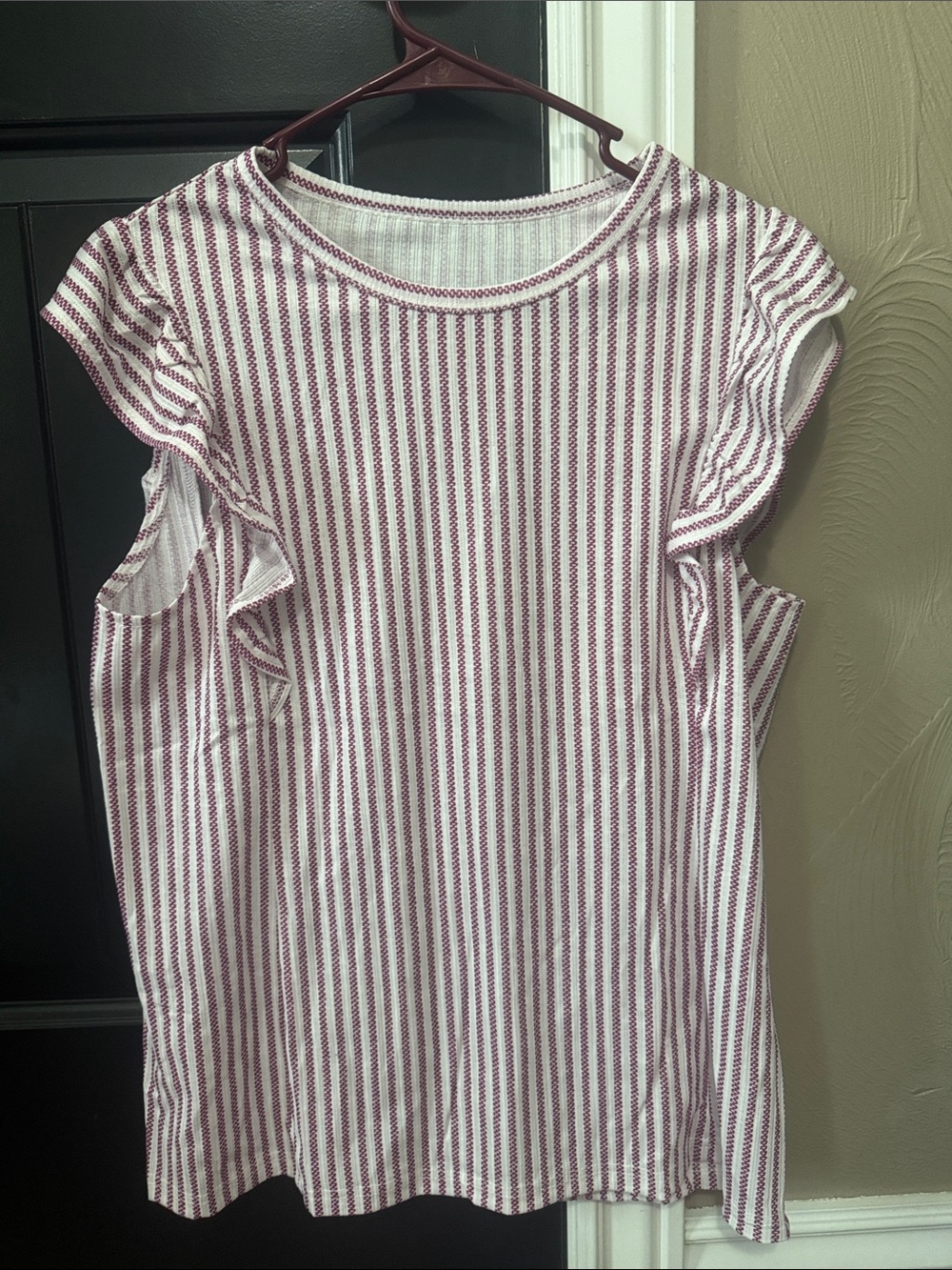 Striped Ruffle Sleeve Top - White & Burgundy
